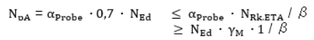 Gleichung zur Bestimmung von N_pA: N_pA = α_Probe · 0,7 · N_Ed, mit den Grenzen ≤ α_Probe · N_Rk,ETA / β und ≥ N_Ed · γ_M · 1 / β.
