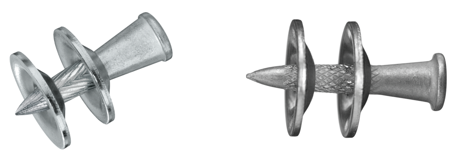 Silver fastening nail with integrated washers, shown in angled and side-profile views to highlight the pointed tip, textured shank and washer assembly.