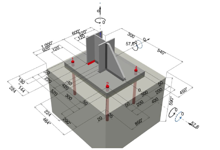 3D schéma kotvení ocelového prvku na betonovém bloku se čtyřmi kotevními šrouby, zobrazené s rozměry, úhly zatížení a označenými vzdálenostmi a hloubkami.