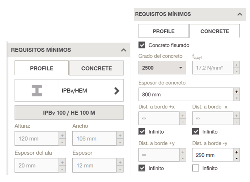 Interfaz que muestra los requisitos mínimos para el perfil estructural y el concreto, incluyendo las dimensiones de la sección de acero y las propiedades del concreto.