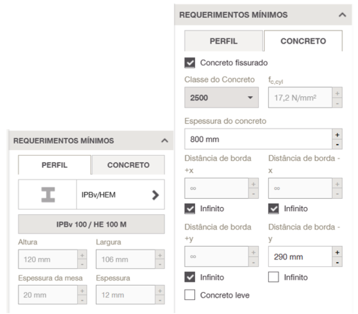 Interface exibindo os requisitos mínimos para o perfil estrutural e o concreto, incluindo as dimensões da seção de aço e as propriedades do concreto.