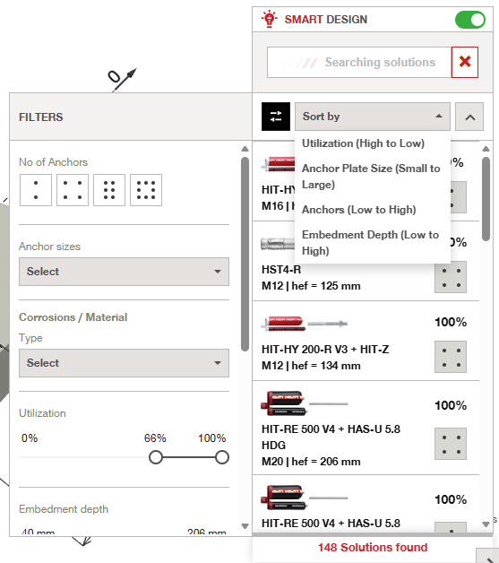Interface showing Smart Design with active search, filters for anchors and materials, utilization slider, and a sorted list of anchor solutions with percentages and sizes.