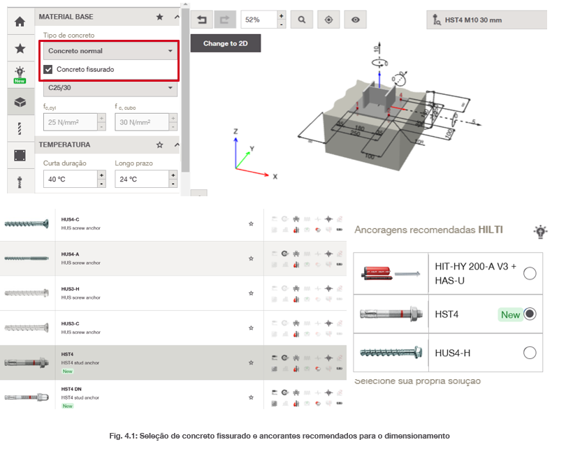 Captura de tela de um software de dimensionamento de ancoragens mostrando a seleção entre concreto fissurado ou não fissurado, um modelo 3D da ancoragem com suas dimensões e uma lista de opções de ancoragens Hilti recomendadas.