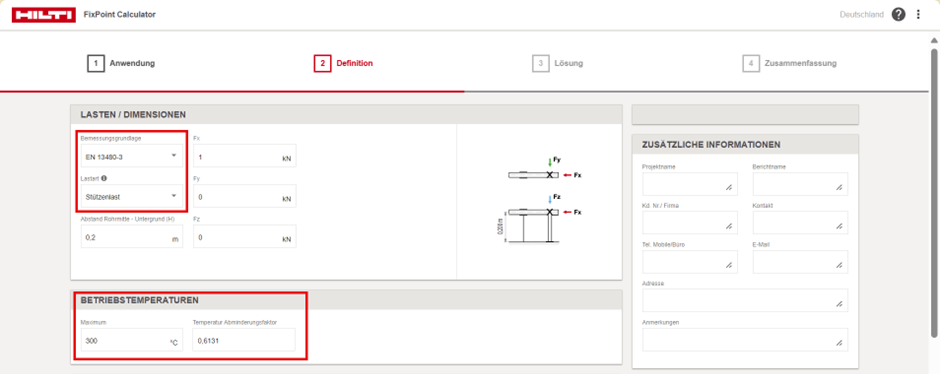 Hilti FixPoint Calculator zur Definition von Lasten, Dimensionen und Betriebstemperatur für eine direkte Lasteingabe.