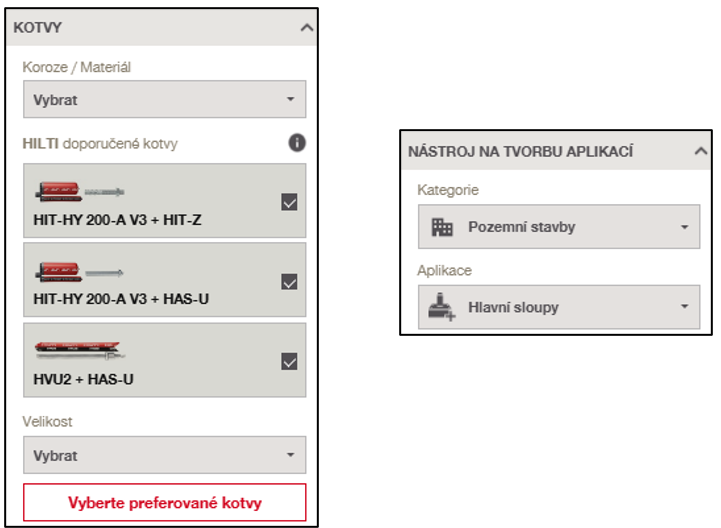 Engineering software interface showing anchor selection recommendations based on a chosen application category. Multiple anchor options are displayed, with preferred anchors selected for a structural column application.