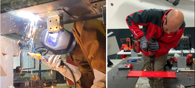Zwei Fotos zeigen Arbeiten an Stahl. Links wird unter einer Stahlkonstruktion geschweißt, wobei helle Funken entstehen. Rechts wird mit einem handgeführten Elektrowerkzeug an einer roten Stahlplatte gearbeitet.