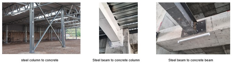 Examples of steel-to-concrete connections, including a steel column anchored to a concrete foundation, a steel beam connected to a concrete column, and a steel beam attached to a concrete beam.