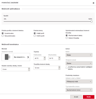 Advanced input settings interface showing optimization, anchor positioning, material properties, and installation conditions.