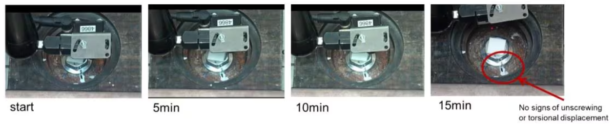 Four photos taken at the start, 5, 10, and 15 minutes during an anchor test. The final image highlights the anchor and notes that there are no signs of unscrewing or torsional displacement, indicating stable performance.