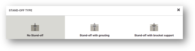 Stand-off type selection dialog showing three options: No Stand-off, Stand-off with grouting, and Stand-off with bracket support. The No Stand-off option is currently selected and highlighted.