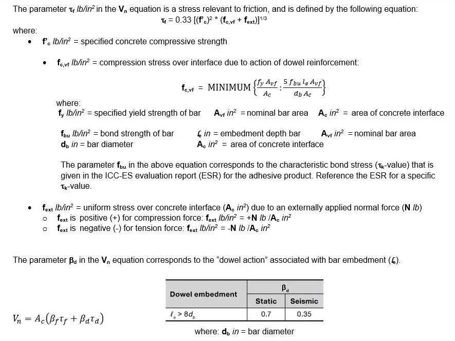 Hilti method for considering shear resistance over an interface between two concrete surfaces
