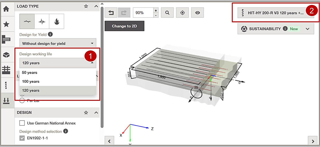 PROFIS Engineering screenshot showing selection of a 120-year design working life for post-installed reinforcement, with a reinforced concrete slab model and compatible anchoring system identified.