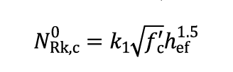 Mathematical formula: N sub Rk,c to the power of 0 equals k sub 1 multiplied by the square root of f' sub c times h sub ef raised to the power of 1.5.