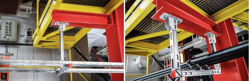 Zwei Fotos zeigen Installationsunterstützungen unter roten Stahlträgern. Links trägt eine Metallkonstruktion eine Kabelrinne, rechts mehrere schwarze Rohrleitungen. Im Umfeld befinden sich gelbe Stahlbauteile.