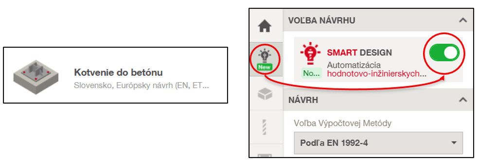 Software interface showing a concrete anchoring design project. The Smart Design feature is highlighted, with a green toggle switch enabled to activate automated engineering or technical design optimization.