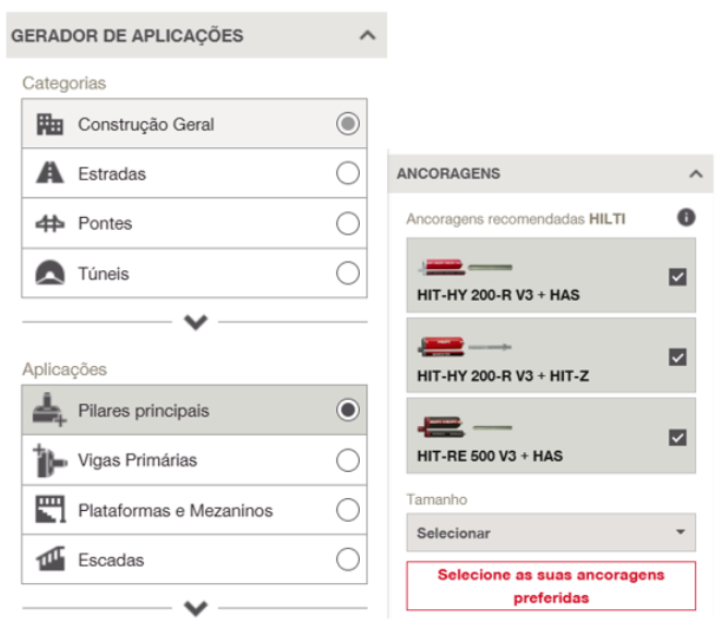 Interface exibindo as categorias do construtor de aplicações e os produtos de ancoragem selecionados, incluindo a seleção de tamanho e uma solicitação para escolher as ancoragens preferidas.