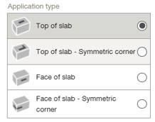 Menu for selecting a facade application type. Four options are shown: Top of slab, Top of slab – Symmetric corner, Face of slab, and Face of slab – Symmetric corner. The “Top of slab” option is currently selected.
