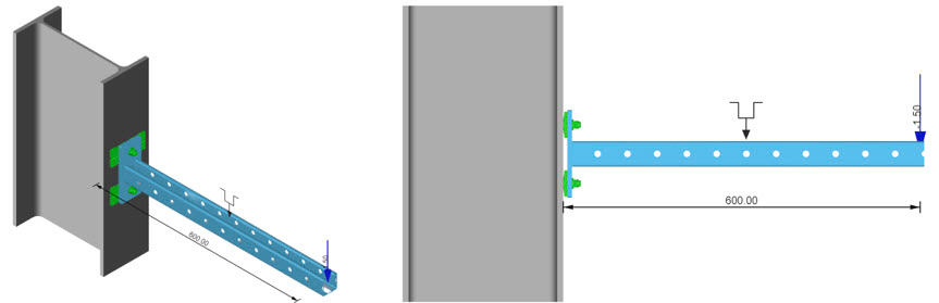 Immagine di una mensola con carico puntuale. Vista 3D (sinistra) e vista 2D (destra).