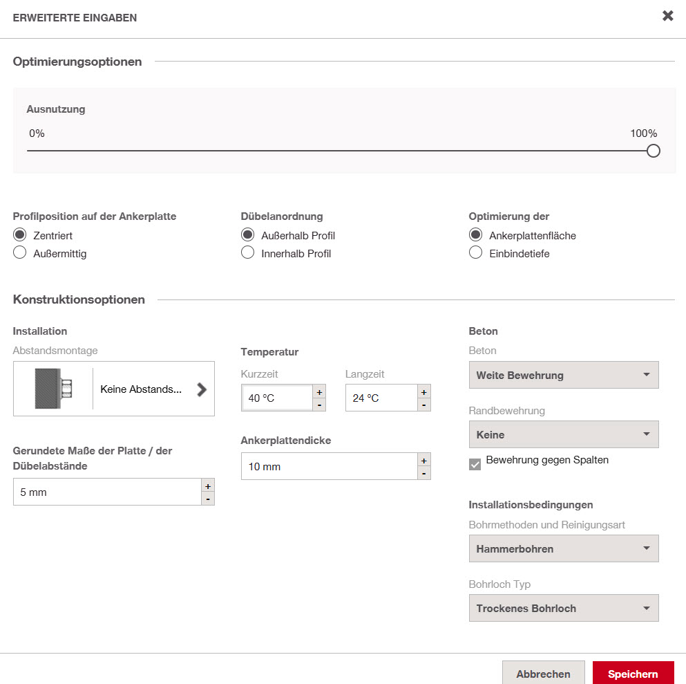 Erweiterte SMART-DESIGN-Einstellungen mit Optimierungsoptionen, Dübelanordnung, Installationsbedingungen, Betonparametern, Temperaturen sowie Vorgaben für Ankerplatte und Bemessung.