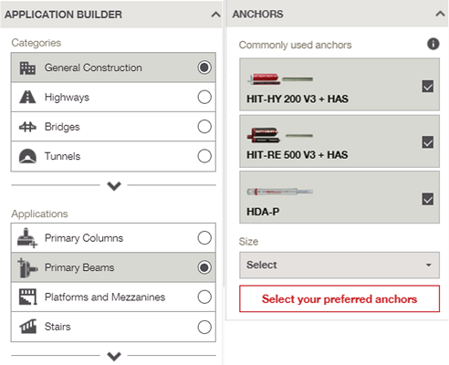 Interface showing application builder categories and selected anchor products with size selection and a prompt to choose preferred anchors.