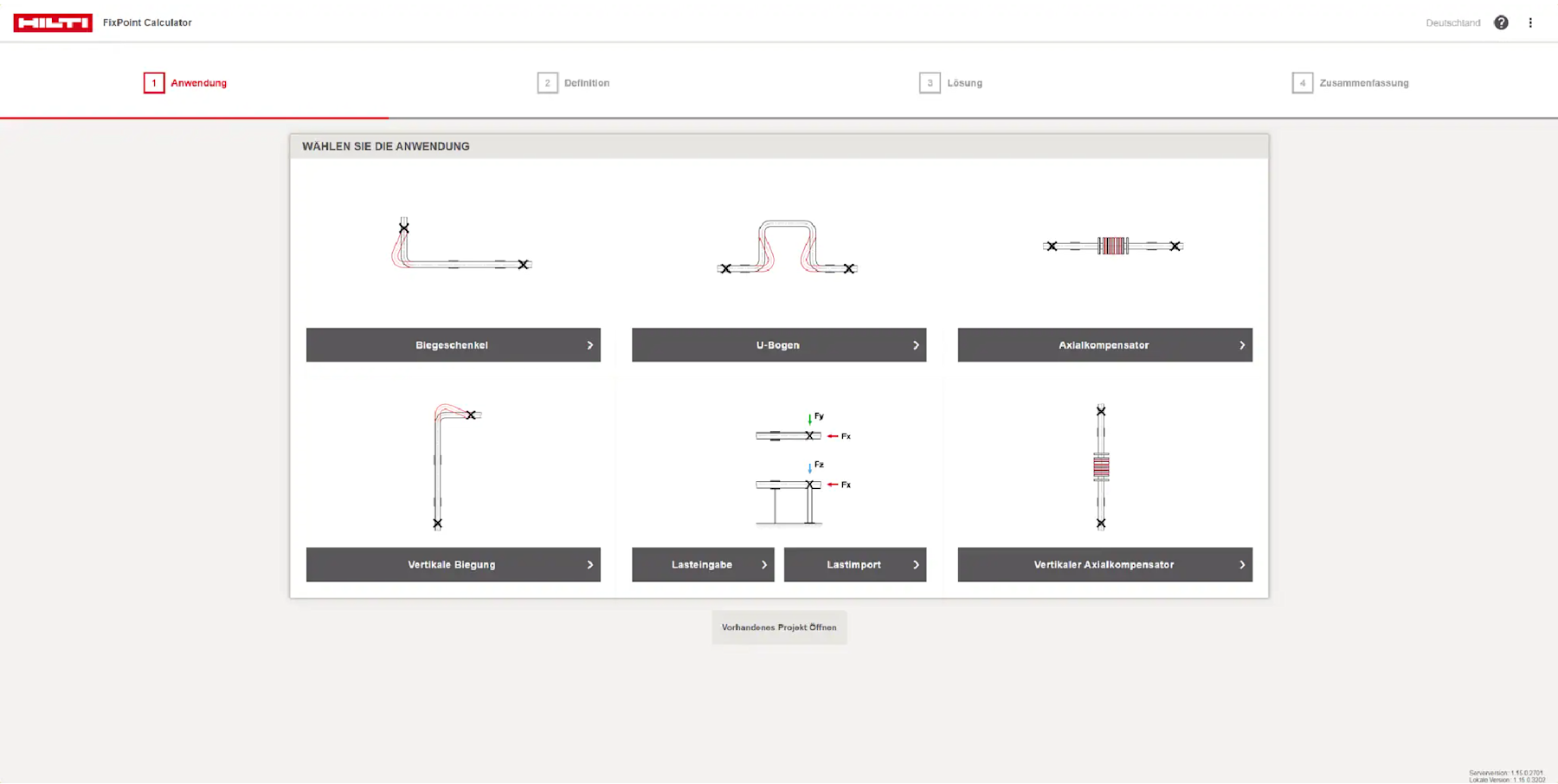 Startseite des Hilti FixPoint Calculators mit Auswahl von sechs Rohrleitungsanwendungen (z. B. Biegeschenkel, U-Bogen, Axialkompensator) sowie Navigationsleiste, bei der „Anwendung“ aktiv ist.