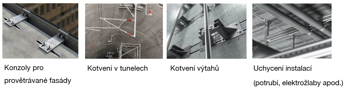Four images showing construction applications of metal channel systems: façade brackets, tunnel fastening, elevator fixing, and mechanical and electrical pipe installation.