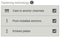 Fastening technology selection panel showing three enabled options: Cast-in anchor channels, Post-installed anchors, and Embed plates. All three options are selected, indicated by checked boxes.