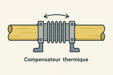 Illustration générée par IA : compensateur thermique sur tuyauterie, absorption des mouvements de dilatation.