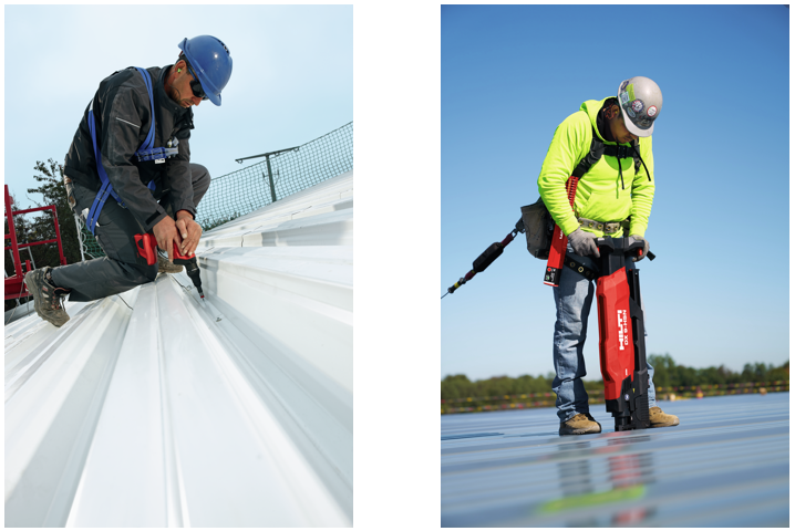 Two construction workers use Hilti fastening tools to install fixings on metal roof decking, shown in side-by-side images demonstrating roofing fastening applications.