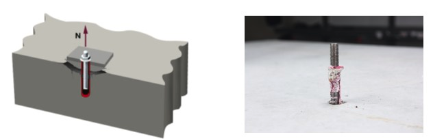 Diagram and photo showing adhesive bond failure under tension, with a schematic of load transfer along the embedment depth and a real example of a bonded anchor pulled out with adhesive residue on the rod.