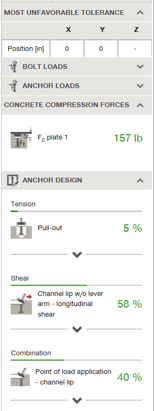 Results panel showing governing design checks for the most unfavorable tolerance position. Concrete compression force is 157 lb, with anchor utilization values of 5% for pull-out, 58% for shear, and 40% for combined loading.