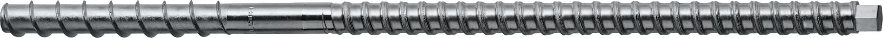 Close-up of a long steel threaded rod or anchor with varying thread patterns along its length, showing different sections designed for embedding and fastening in structural applications.