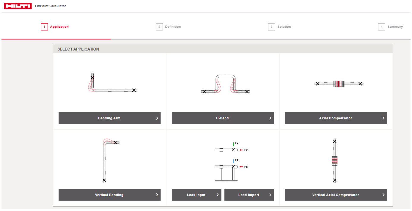Skärmbild av Hilti FixPoint Calculator med val av rörlösningar som böjarm, U-böj och kompensatorer. Diagram visar fixpunkter och termisk rörelse.