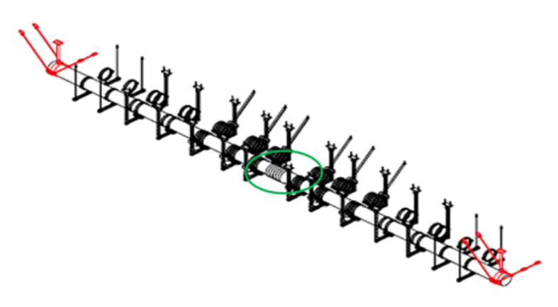 Sistema de tuberías 3D con soportes y anclajes en ambos extremos. La sección central, resaltada en verde, indica un compensador o elemento flexible, mientras que las marcas rojas muestran los puntos fijos o restringidos.