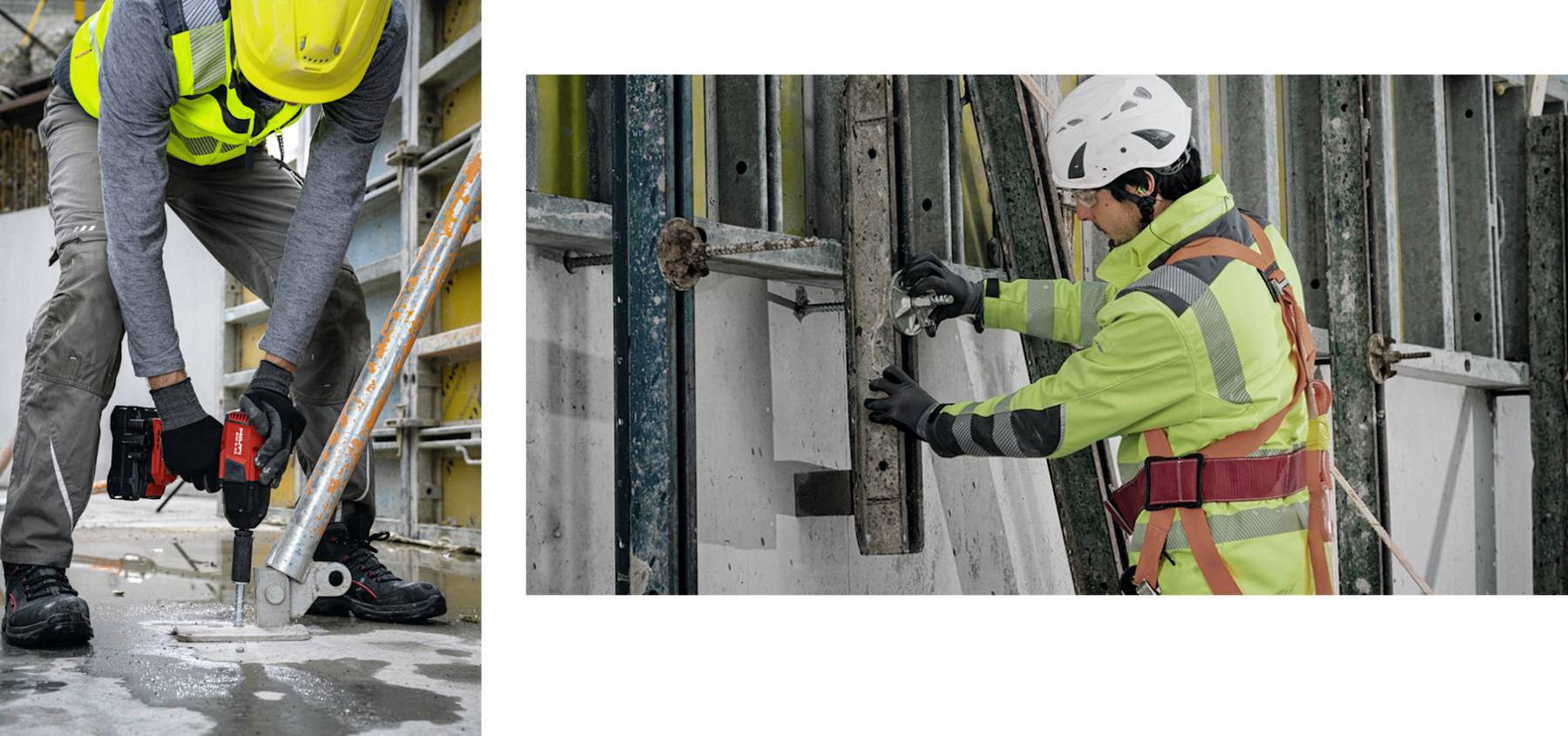 Two construction scenes: one worker uses a power tool to fasten a base plate into concrete, while another secures a wall formwork panel using a threaded rod and fastening hardware.