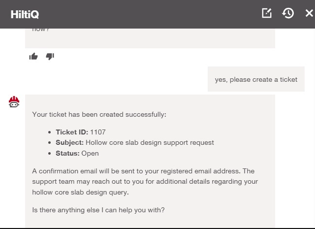 HiltiQ chat interface displaying a confirmation message that a support ticket has been created successfully. The message includes Ticket ID 1107, the subject 