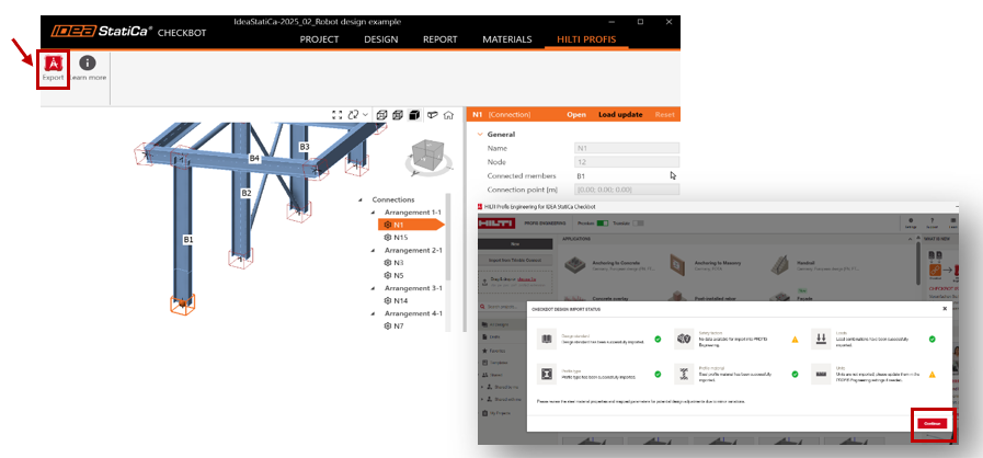 IDEA StatiCa Checkbot-interface met een constructiemodel en een lijst met verbindingen. De knop Export is gemarkeerd met een rood kader en een pijl. Daarnaast wordt een Hilti PROFIS-verificatiedialoogvenster weergegeven, waarbij de knop Continue is omlijnd