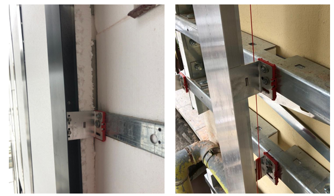 (a) e (b) elementi di raccordo Hilti tra le guide metalliche verticali del cappotto esterno e il sistema di rinforzo antisismico Resisto 5.9 K