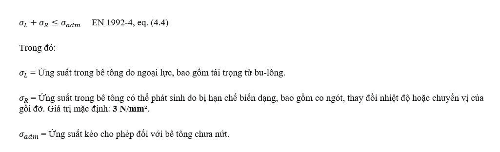 Phương trình quy định rằng tổng ứng suất trong bê tông không được vượt quá ứng suất kéo cho phép, kèm theo các định nghĩa về ứng suất do tải trọng, ứng suất do biến dạng bị kìm hãm và ứng suất cho phép.