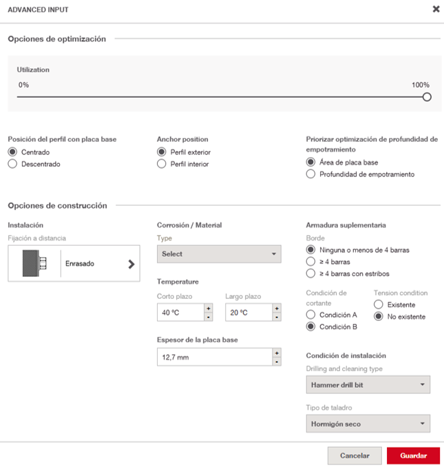 Interfaz de configuración avanzada que muestra parámetros de optimización, posicionamiento de anclajes, propiedades de los materiales y condiciones de instalación.