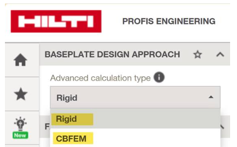Skärmdump från Hilti PROFIS Engineering där användaren väljer beräkningsmetod för fotplåtsdimensionering. Rullgardinsmenyn visar alternativen Rigid och CBFEM, där Rigid är valt.