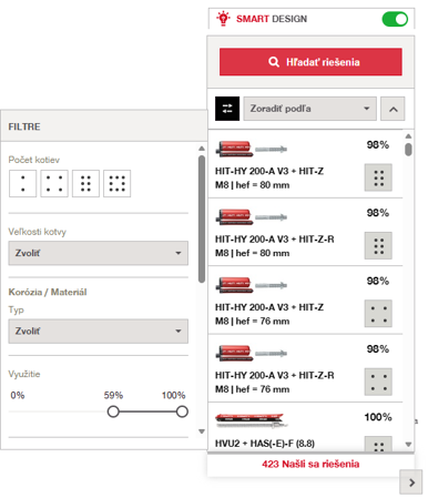 Interface showing anchor search results with filters for anchor type, size, material, utilization, and embedment depth.