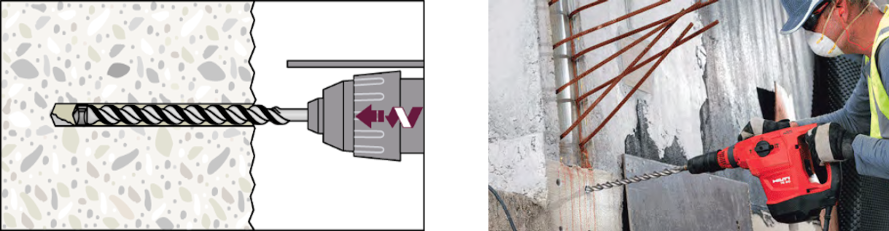 Diagram and field photograph showing hammer drilling of a hole in concrete using a rotary hammer drill and a conventional drill bit.