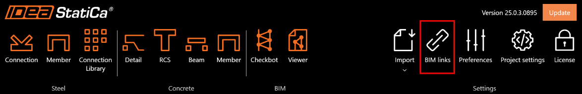 IDEA StatiCa-software interface met een menu bovenaan het scherm, met functies voor staal-, beton- en BIM-workflows. De knop ‘BIM links’ is gemarkeerd met rood en bevindt zich naast opties voor importeren, voorkeuren, projectinstellingen en licentiebeheer.