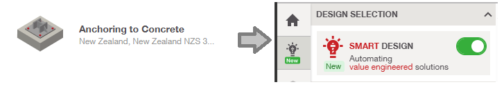 Interface image showing “Anchoring to Concrete” leading to a “Design Selection” panel with a “SMART DESIGN” toggle enabled and labeled as automating value engineered solutions.