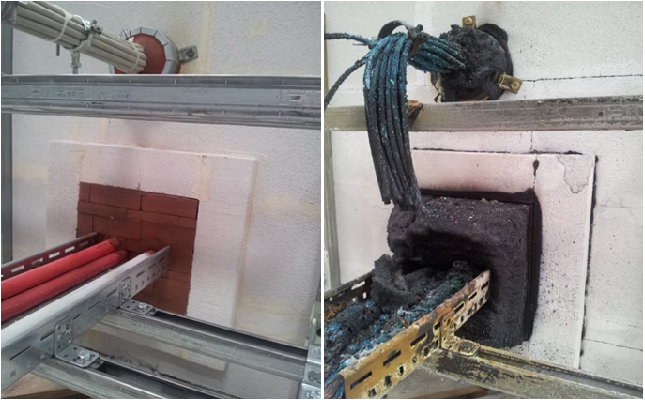 Side-by-side comparison of cable wall penetrations: left shows a clean, properly sealed firestop; right shows a charred, damaged opening with burned cables and failed firestop after fire exposure.