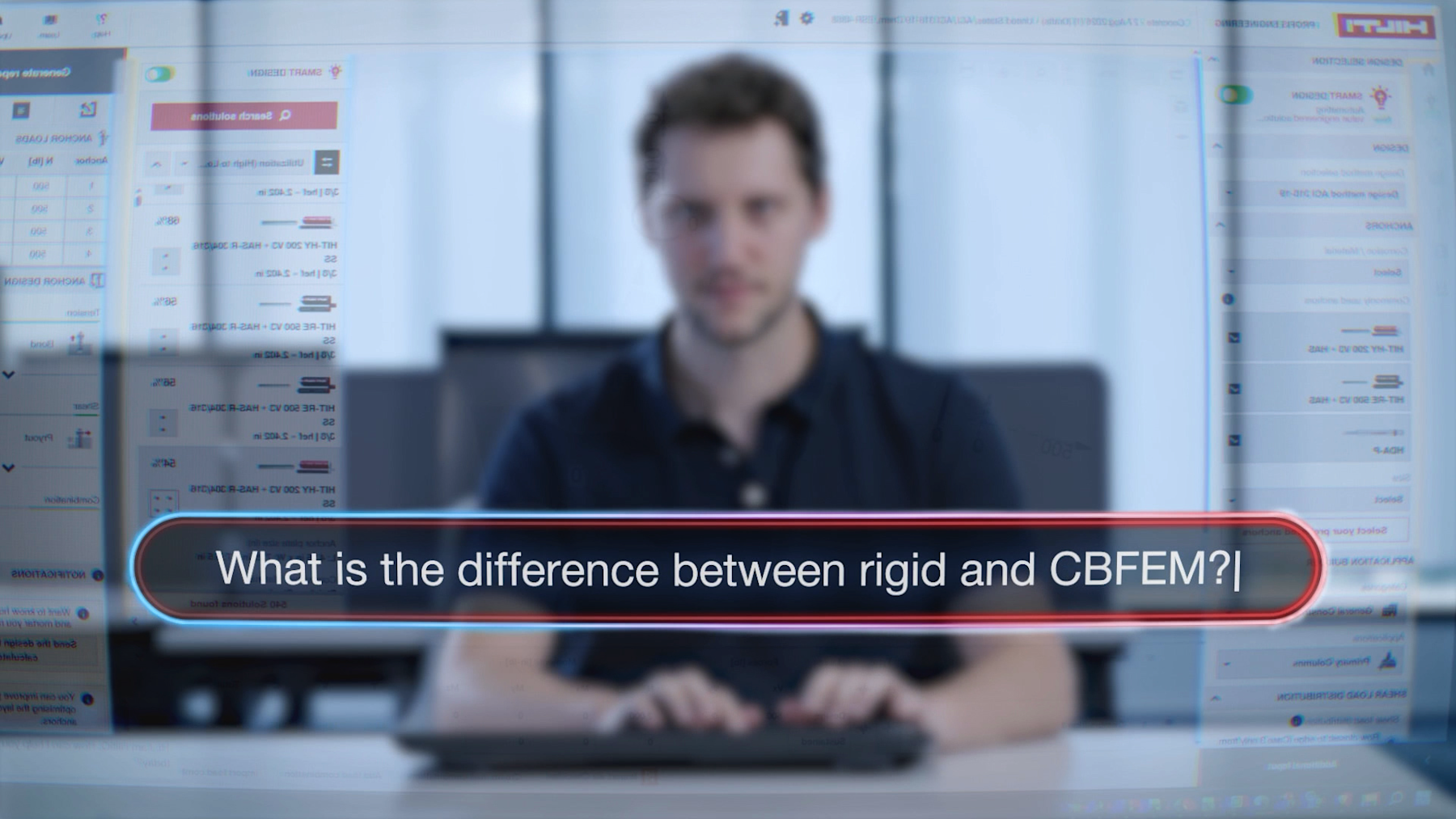 A user interacts with a virtual AI assistant interface overlaid on engineering software. The screen displays the question, “What is the difference between rigid and CBFEM?”, illustrating AI-powered support within PROFIS Engineering