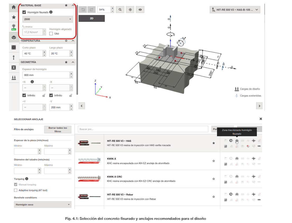 Captura de pantalla de un software de diseño de anclajes que muestra la selección entre concreto agrietado o no agrietado, un modelo 3D del anclaje con sus dimensiones y una lista de opciones de anclajes Hilti recomendadas.