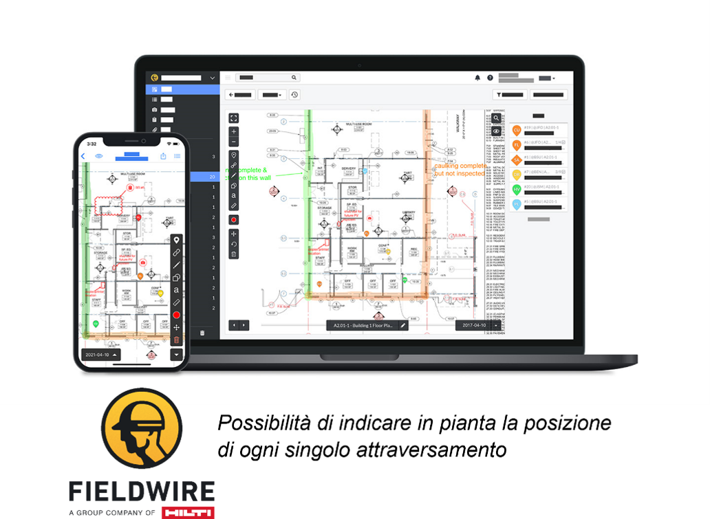 Il SW Fieldwire è utilizzabile su pc e cellulare/tablet e consente di mappare in tempo reale tutti gi attraversamenti impiantistici presenti