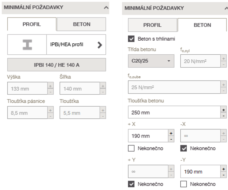 Engineering software interface showing minimum design requirements for a steel profile and supporting concrete. Input fields define profile dimensions, concrete class, cracked concrete condition, thickness, and edge distances.